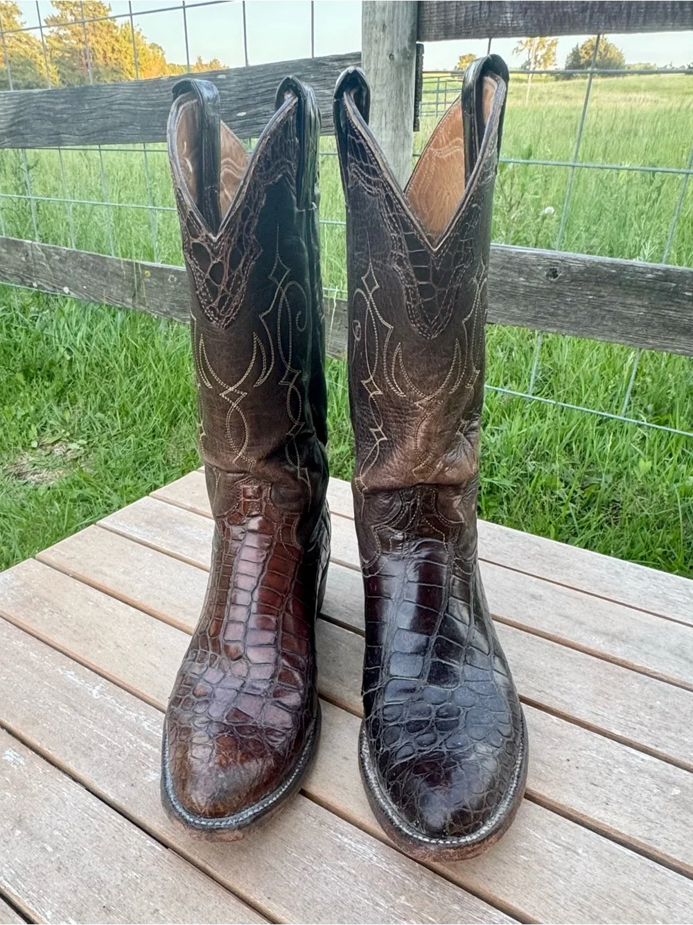 Vintage Justin Brown Croc Print‎ Cowboy Boots Men’s 9.5A Western Leather USA